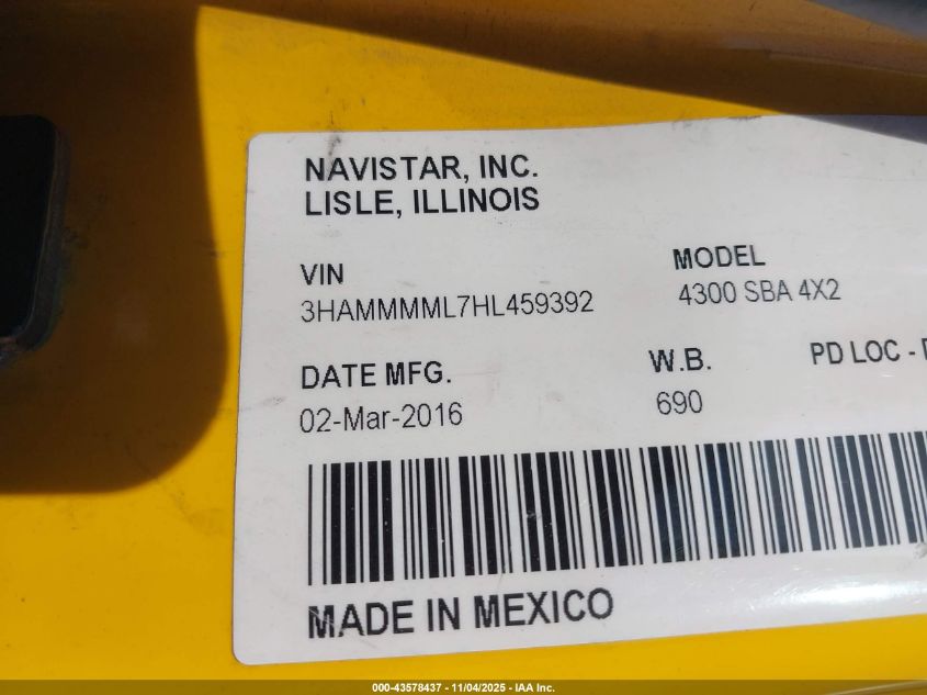 2017 International Durastar 4300 VIN: 3HAMMMML7HL459392 Lot: 43578437