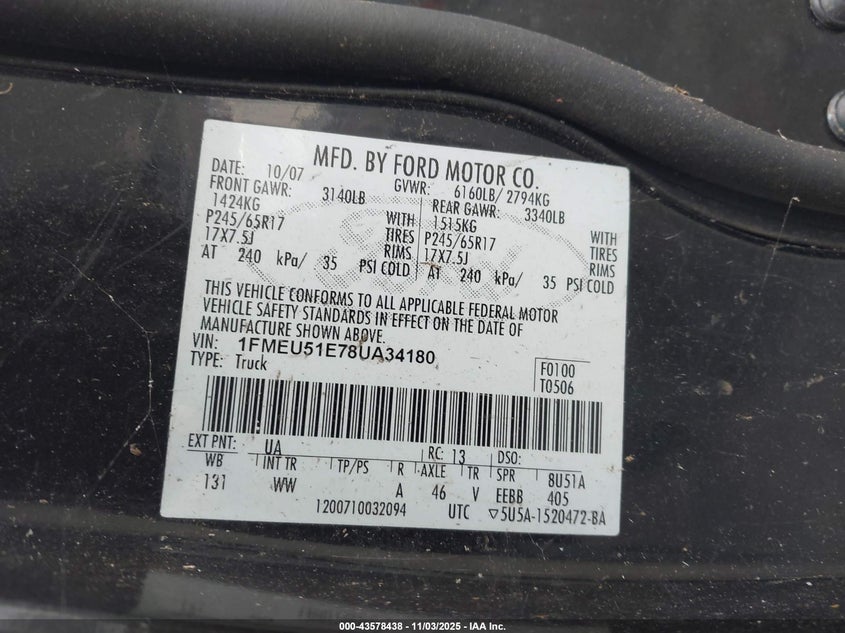 2008 Ford Explorer Sport Trac Xlt VIN: 1FMEU51E78UA34180 Lot: 43578438