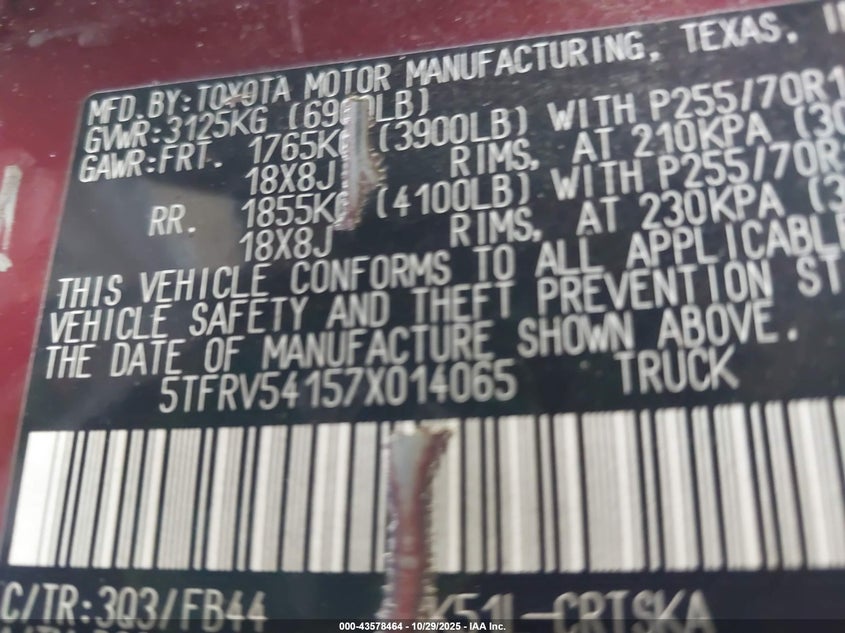 2007 Toyota Tundra Sr5 V8 VIN: 5TFRV54157X014065 Lot: 43578464