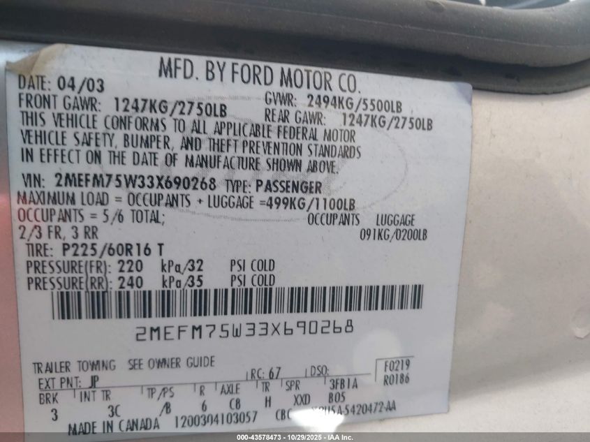 2003 Mercury Grand Marquis Ls VIN: 2MEFM75W33X690268 Lot: 43578473