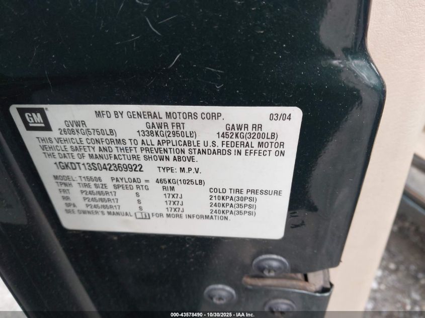 2004 GMC Envoy Slt VIN: 1GKDT13S042369922 Lot: 43578490