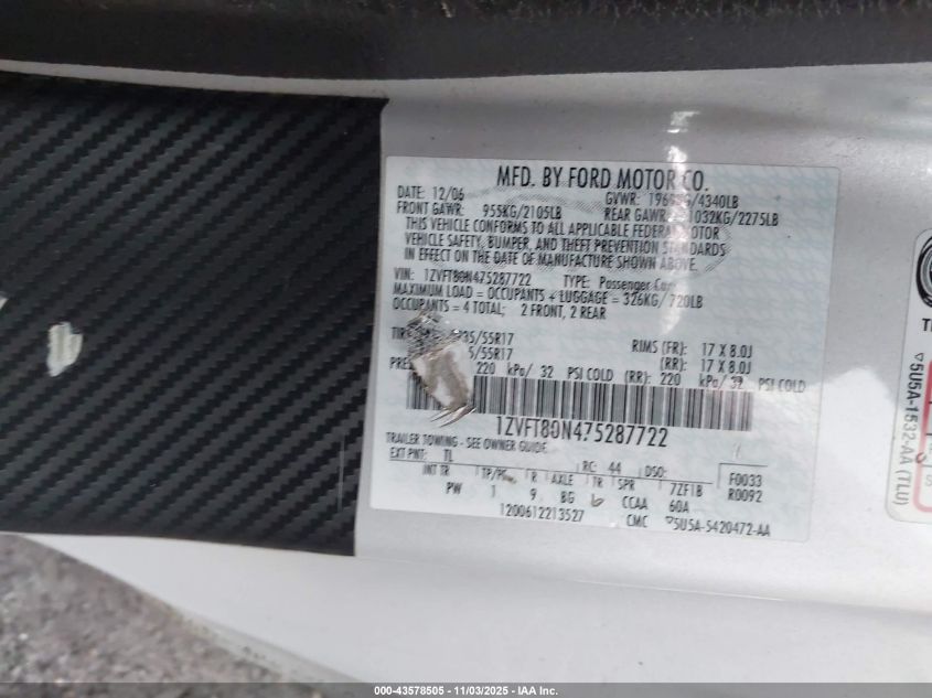 2007 Ford Mustang V6 Deluxe/V6 Premium VIN: 1ZVFT80N475287722 Lot: 43578505