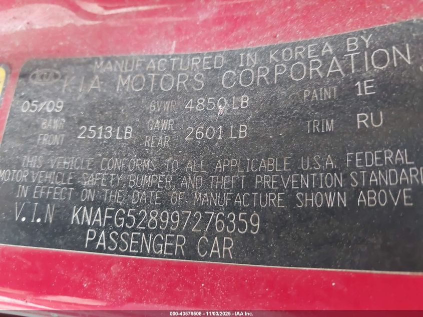 2009 Kia Rondo Ex VIN: KNAFG528997276359 Lot: 43578508