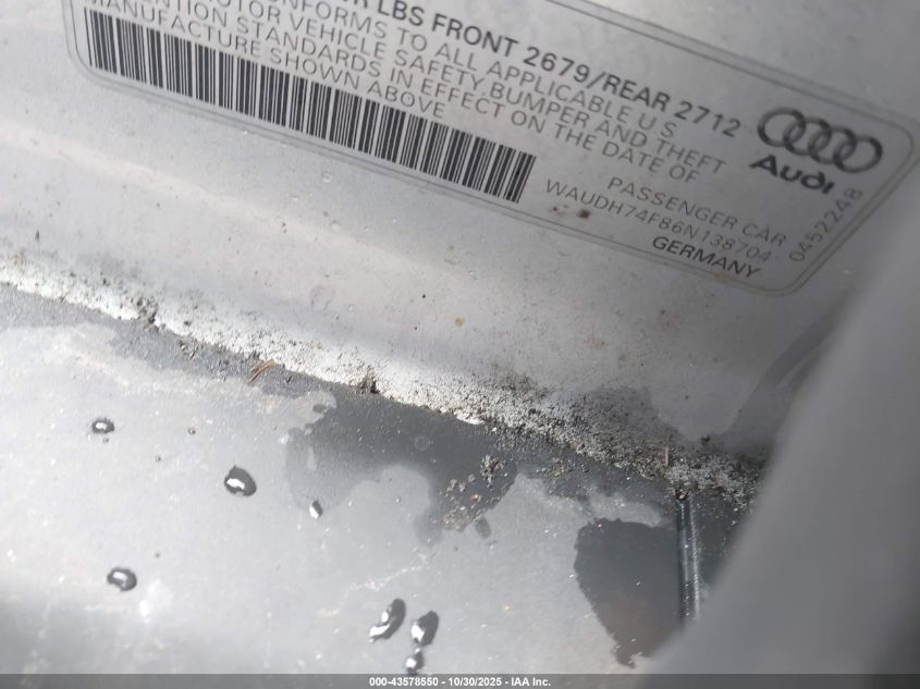 2006 Audi A6 3.2 VIN: WAUDH74F86N138704 Lot: 43578550