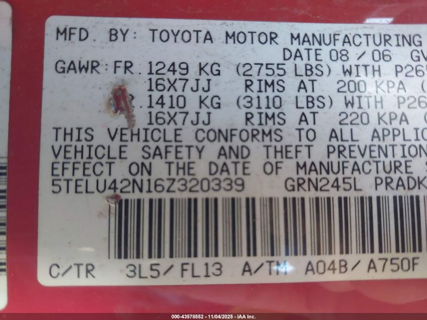 2006 Toyota Tacoma Base V6 VIN: 5TELU42N16Z320339 Lot: 43578552