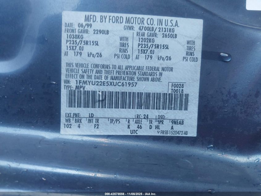 1999 Ford Explorer Sport VIN: 1FMYU22E5XUC61957 Lot: 43578556