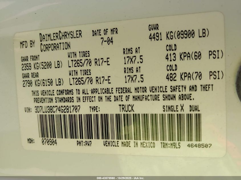 2004 Dodge Ram 3500 Slt/Laramie VIN: 3D7LU38C74G281707 Lot: 43578568
