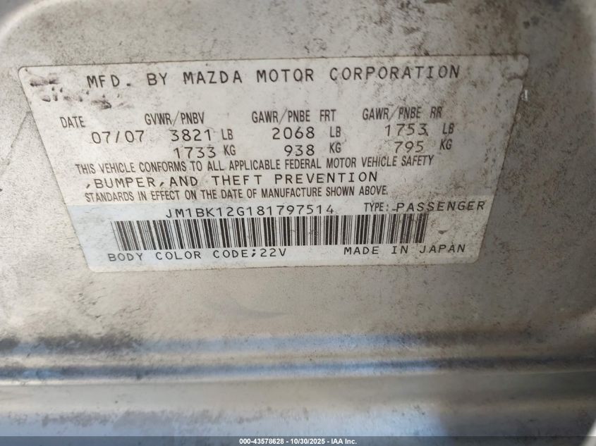 2008 Mazda Mazda3 I Sport VIN: JM1BK12G181797514 Lot: 43578628