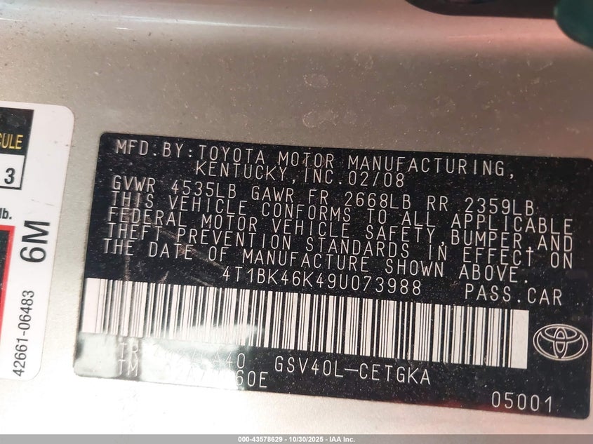 4T1BK46K49U073988 2009 TOYOTA CAMRY photo no. 9