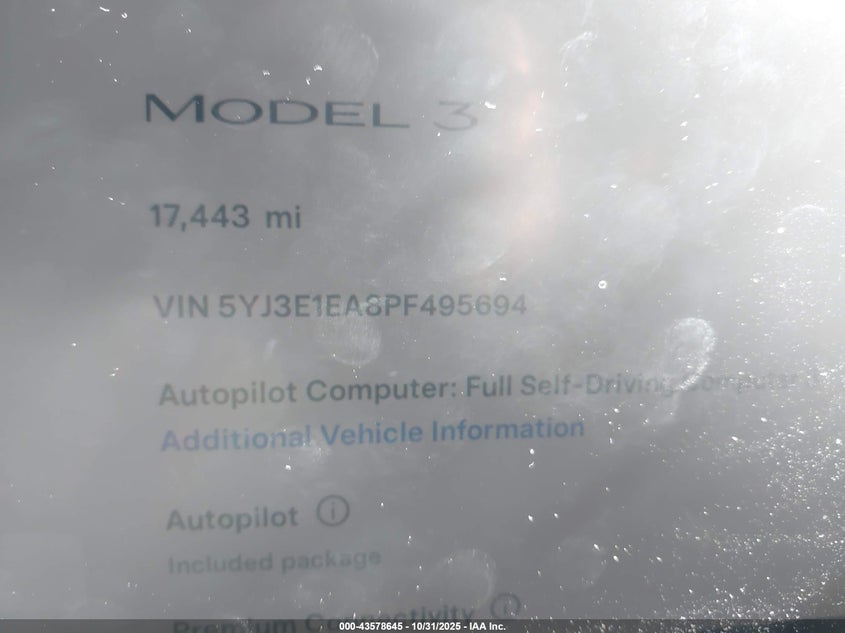 2023 Tesla Model 3 Rear-Wheel Drive VIN: 5YJ3E1EA8PF495694 Lot: 43578645