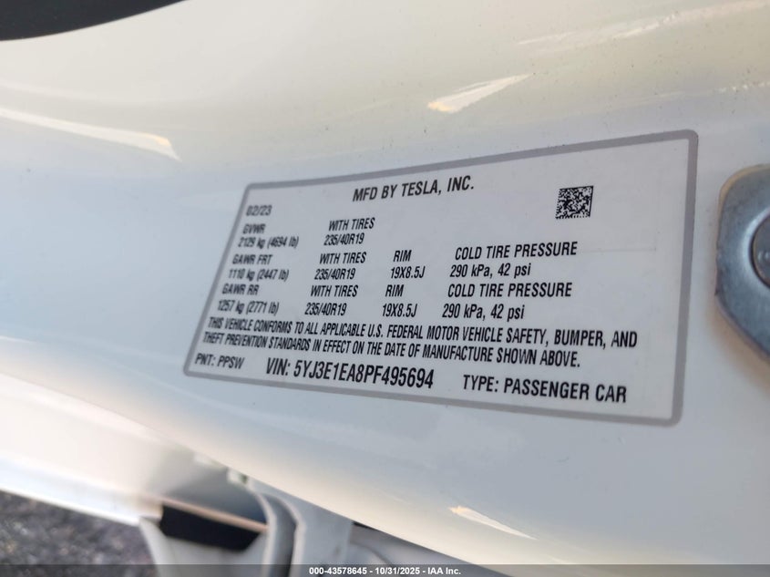 2023 Tesla Model 3 Rear-Wheel Drive VIN: 5YJ3E1EA8PF495694 Lot: 43578645