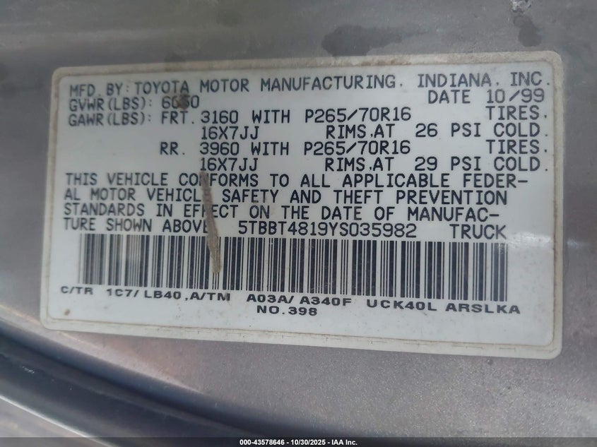 5TBBT4819YS035982 2000 TOYOTA TUNDRA photo no. 9