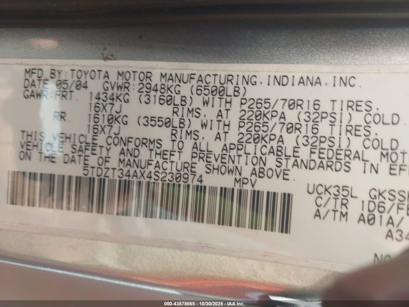 2004 Toyota Sequoia Sr5 V8 VIN: 5TDZT34AX4S230974 Lot: 43578665