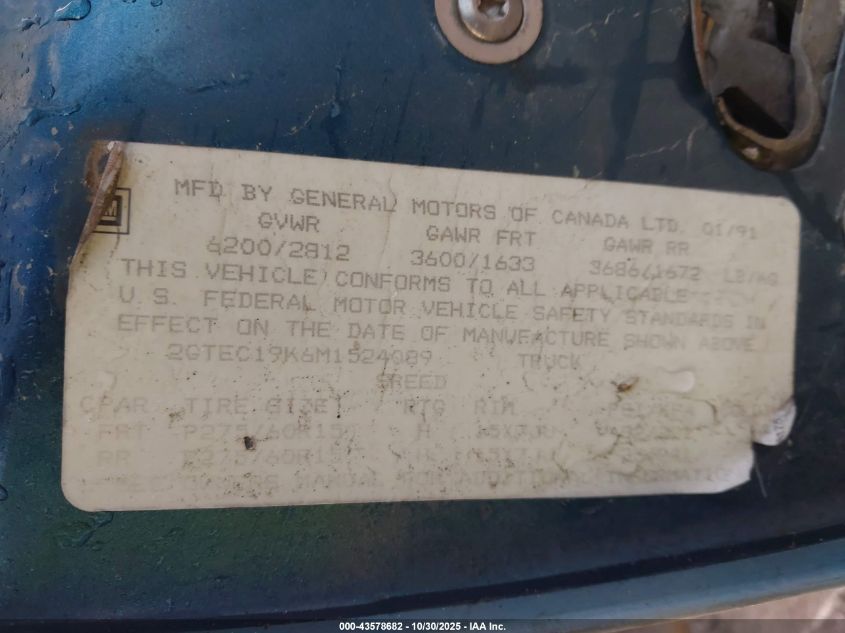 1991 GMC Sierra C1500 VIN: 2GTEC19K6M1524089 Lot: 43578682