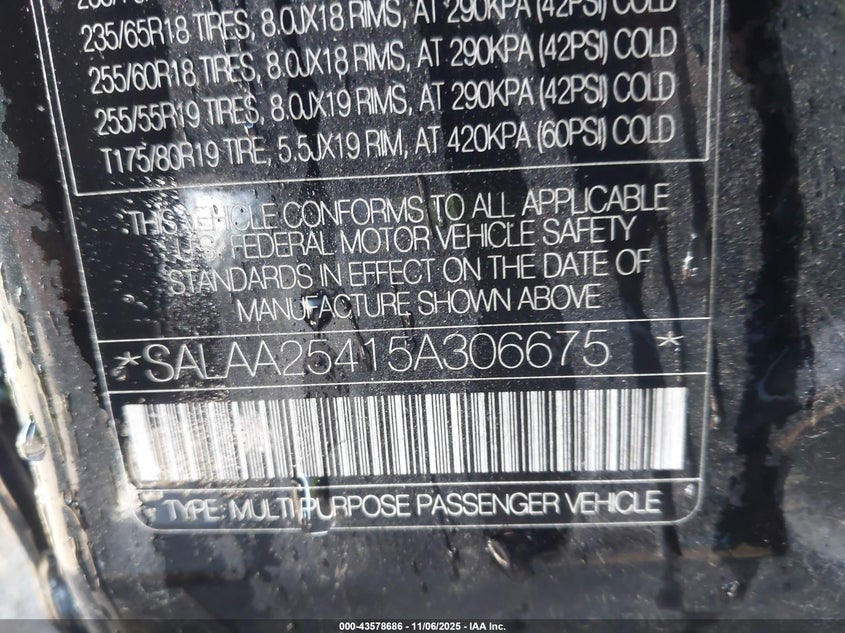 2005 Land Rover Lr3 Se VIN: SALAA25415A306675 Lot: 43578686