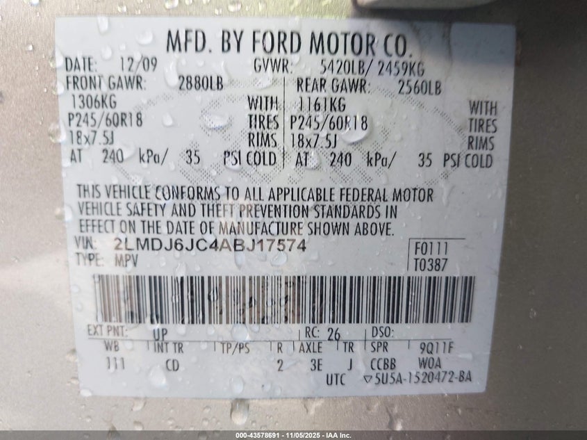 2010 Lincoln Mkx VIN: 2LMDJ6JC4ABJ17574 Lot: 43578691