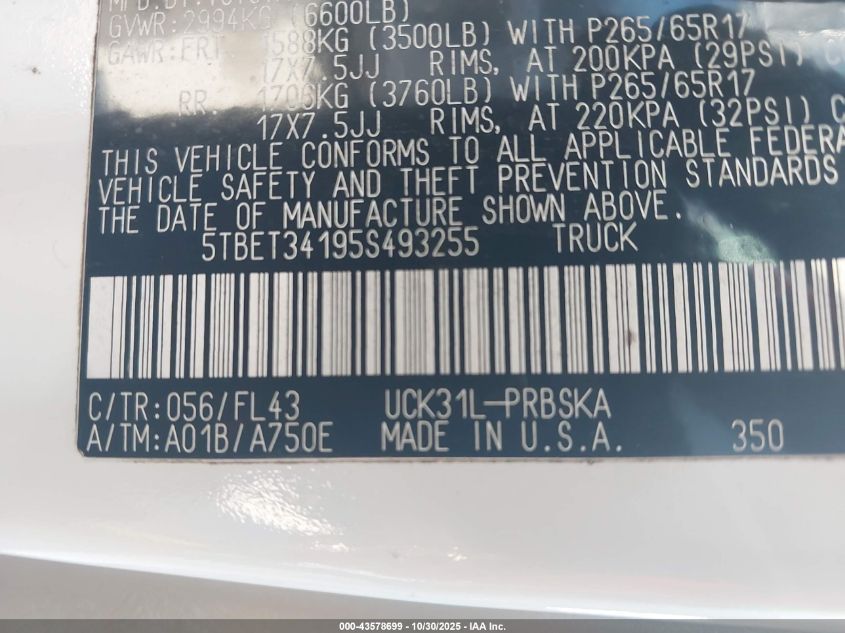 2005 Toyota Tundra Sr5 V8 VIN: 5TBET34195S493255 Lot: 43578699