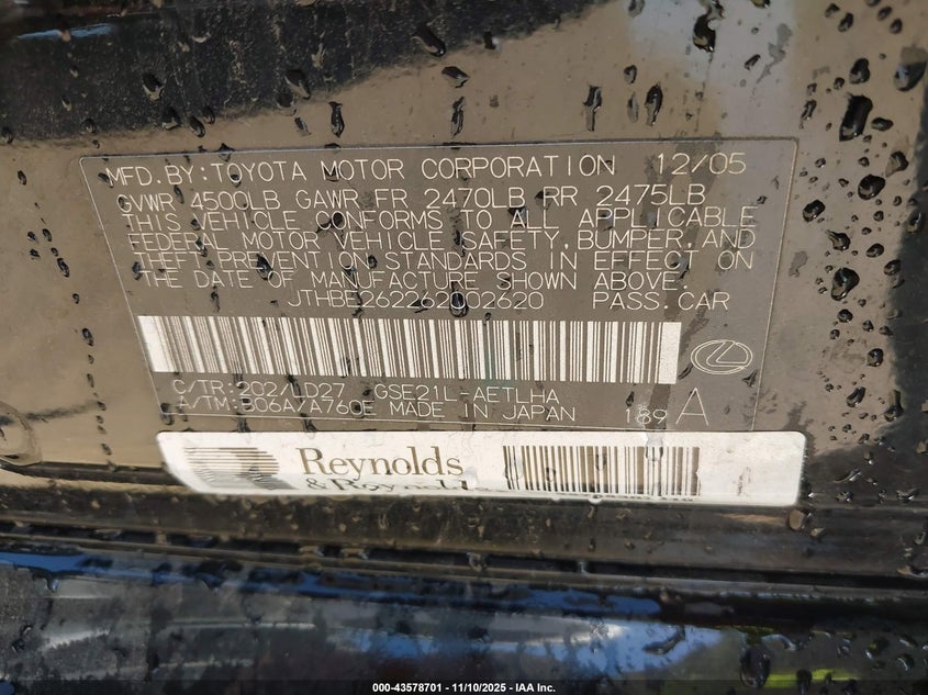 2006 Lexus Is 350 VIN: JTHBE262262002620 Lot: 43578701