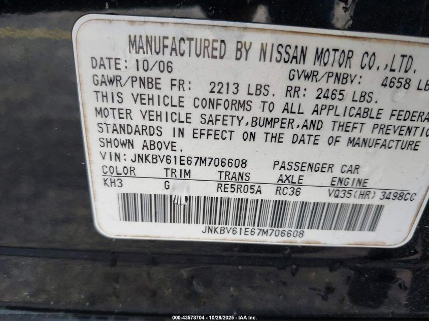 2007 Infiniti G35 Journey VIN: JNKBV61E67M706608 Lot: 43578704