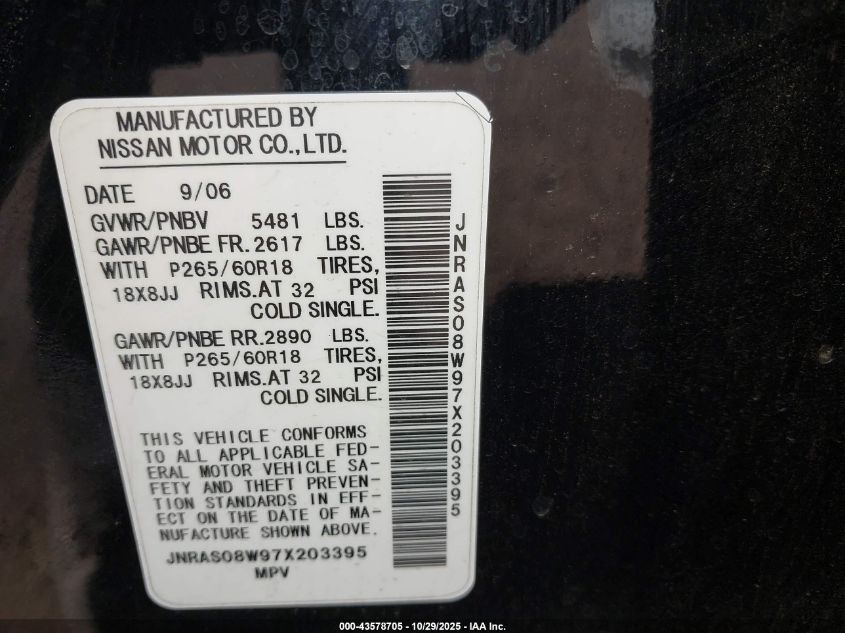 2007 Infiniti Fx35 VIN: JNRAS08W97X203395 Lot: 43578705