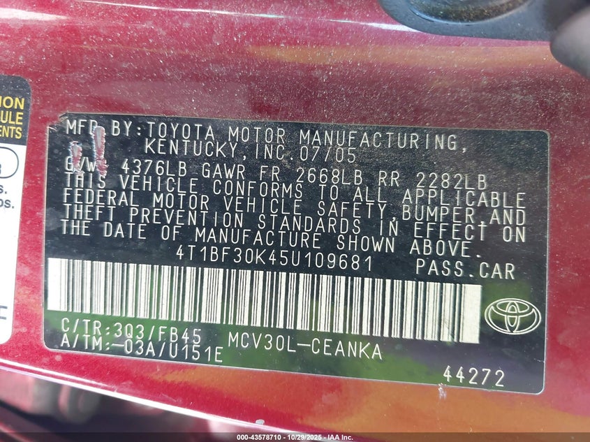 2005 Toyota Camry Le V6 VIN: 4T1BF30K45U109681 Lot: 43578710