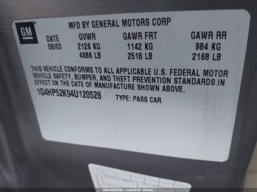 2004 Buick Lesabre Custom VIN: 1G4HP52K94U120528 Lot: 43578720