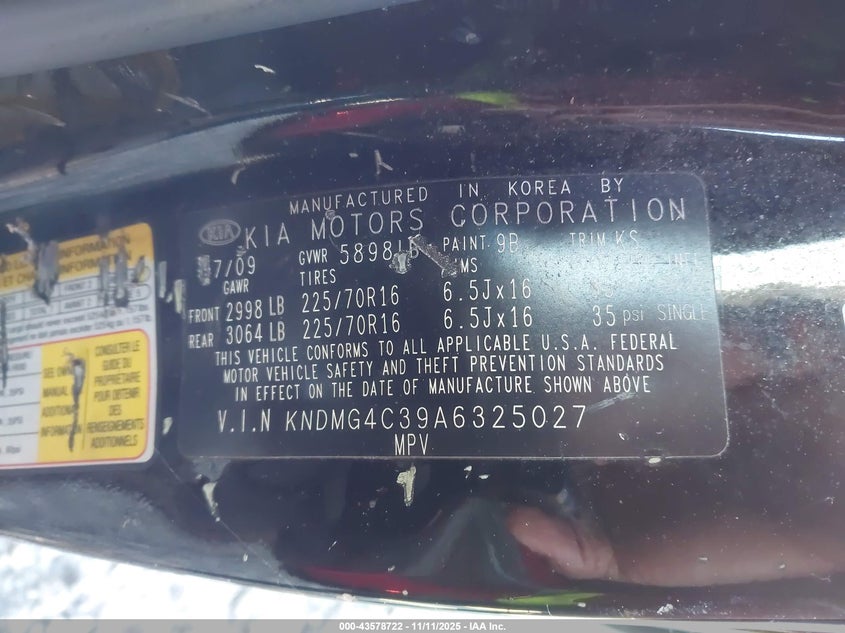 2010 Kia Sedona Lx VIN: KNDMG4C39A6325027 Lot: 43578722