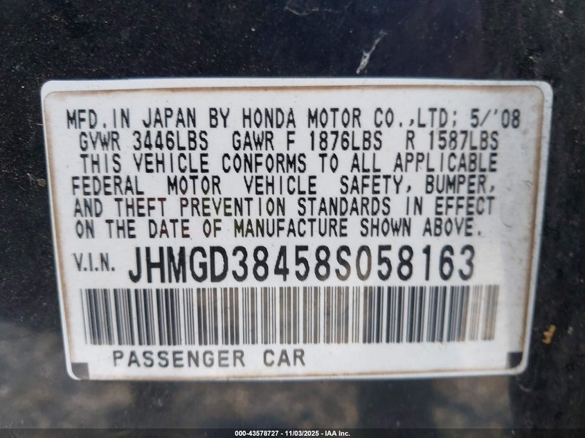 JHMGD38458S058163 2008 HONDA FIT photo no. 9
