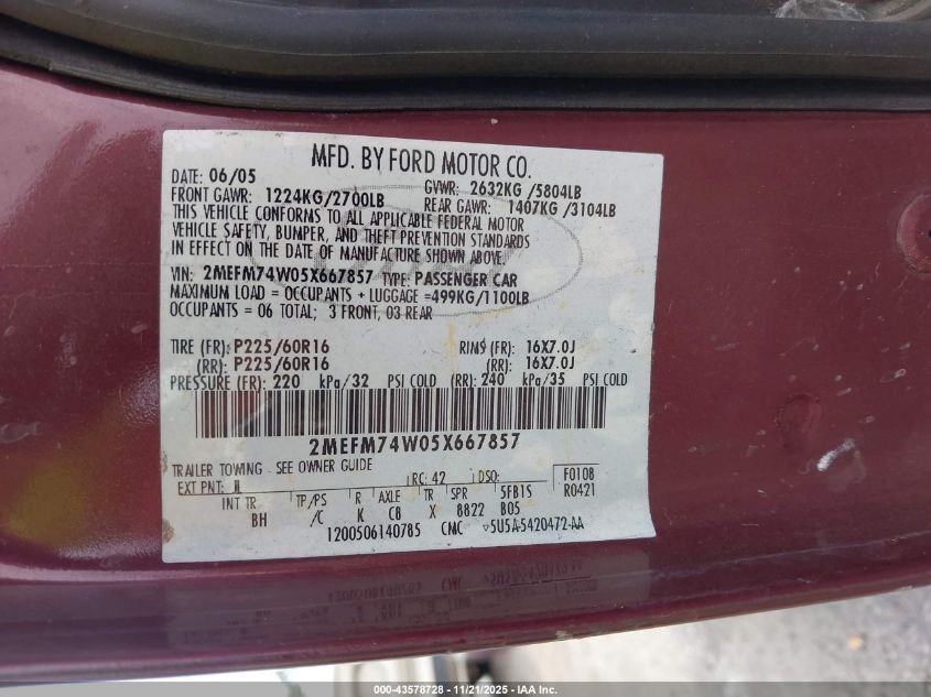 2005 Mercury Grand Marquis Gs VIN: 2MEFM74W05X667857 Lot: 43578728