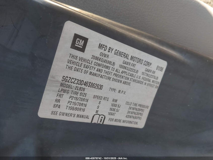 2006 Saturn Vue 4 Cyl VIN: 5GZCZ33D46S862930 Lot: 43578742