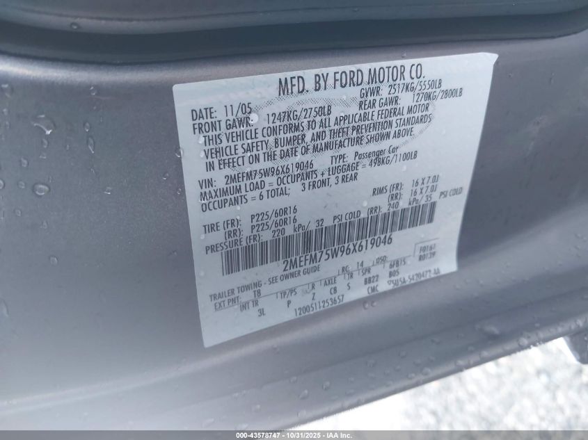 2006 Mercury Grand Marquis Ls VIN: 2MEFM75W96X619046 Lot: 43578747