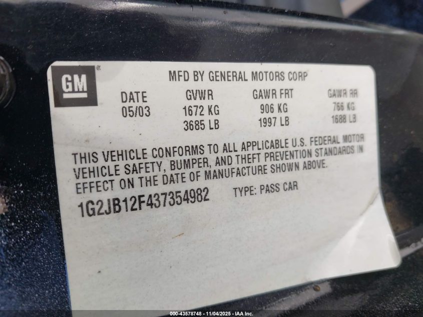 2003 Pontiac Sunfire VIN: 1G2JB12F437354982 Lot: 43578748