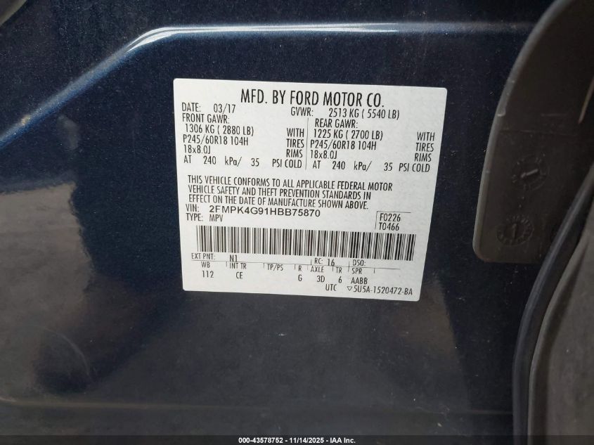 2017 Ford Edge Se VIN: 2FMPK4G91HBB75870 Lot: 43578752