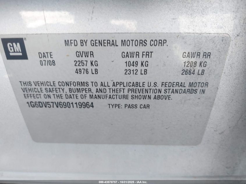 2009 Cadillac Cts Standard VIN: 1G6DV57V690119964 Lot: 43578757