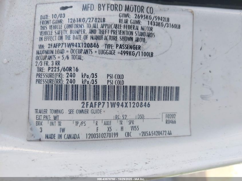 2004 Ford Crown Victoria Police VIN: 2FAFP71W94X120846 Lot: 43578760