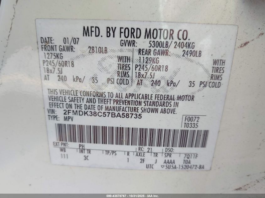 2007 Ford Edge Sel VIN: 2FMDK38C57BA58735 Lot: 43578767