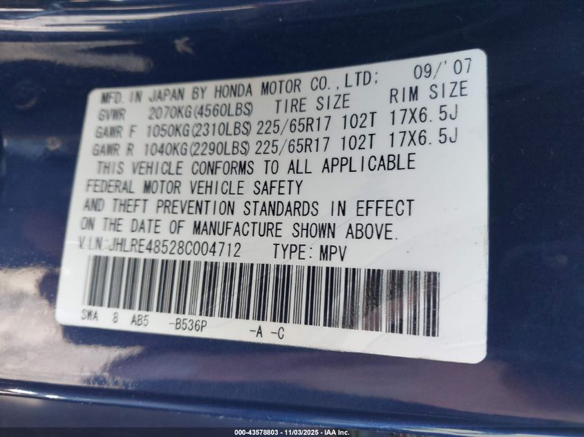 2008 Honda Cr-V Ex VIN: JHLRE48528T004712 Lot: 43578803