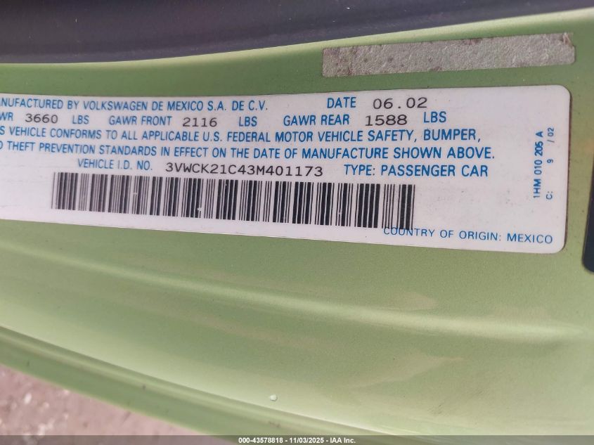 2003 Volkswagen New Beetle Gls 2.0L VIN: 3VWCK21C43M401173 Lot: 43578818