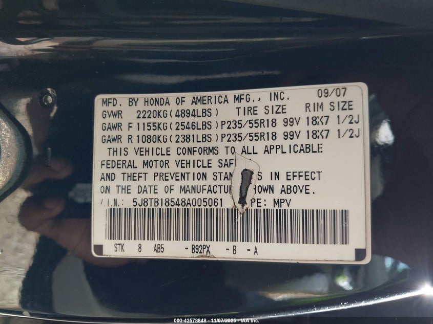 2008 Acura Rdx VIN: 5J8TB18548A005061 Lot: 43578848