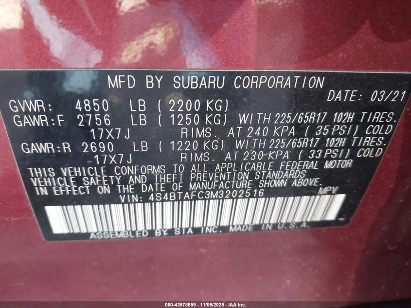 2021 SUBARU OUTBACK PREMIUM 4S4BTAFC3M3202516