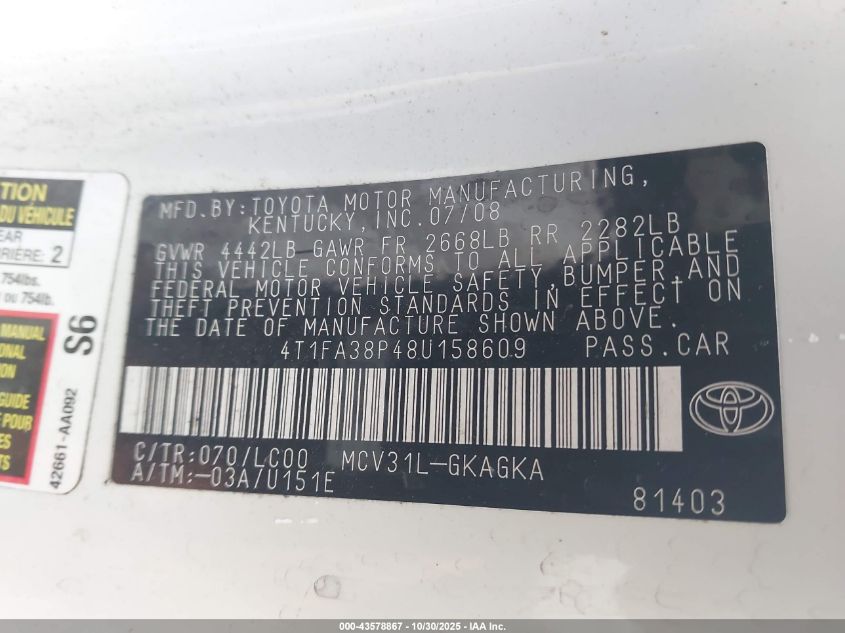 2008 Toyota Camry Solara Sle VIN: 4T1FA38P48U158609 Lot: 43578867