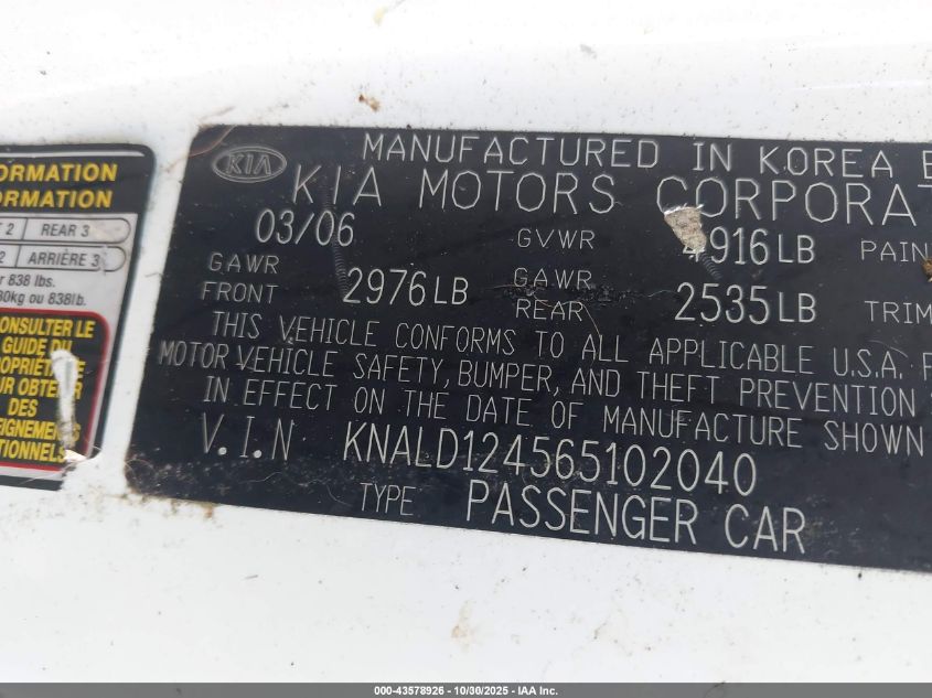 2006 Kia Amanti VIN: KNALD124565102040 Lot: 43578926