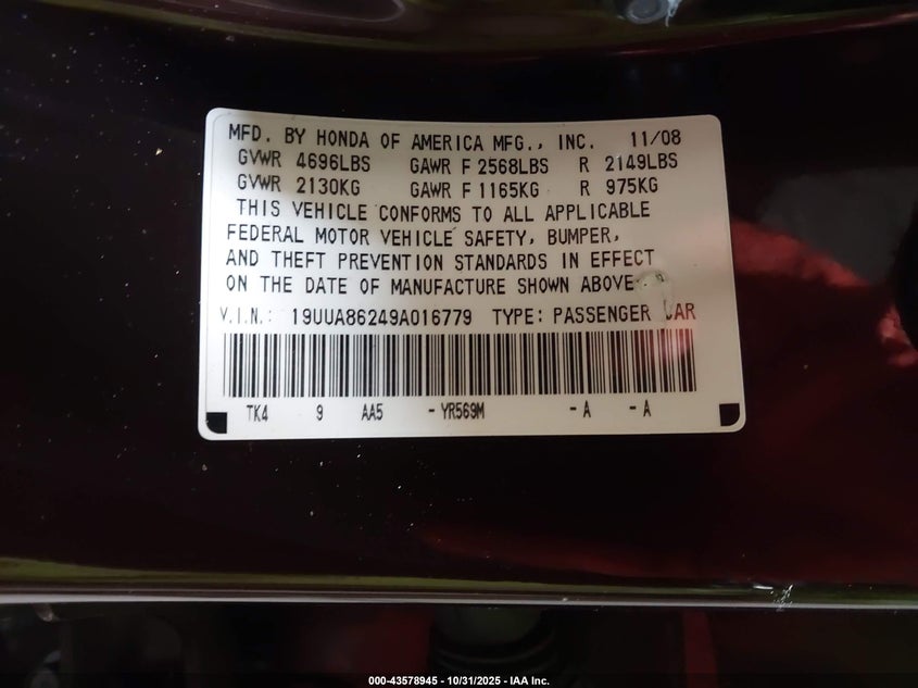 2009 Acura Tl 3.5 VIN: 19UUA86249A016779 Lot: 43578945