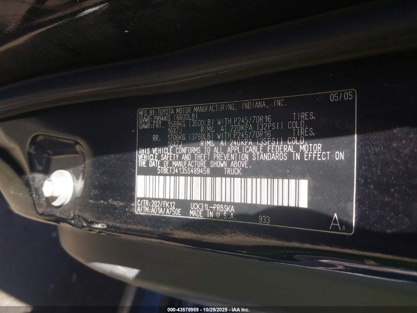 2005 Toyota Tundra Sr5 V8 VIN: 5TBET34135S489458 Lot: 43578959