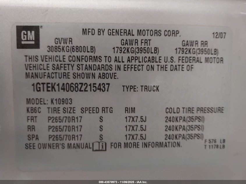 2008 GMC Sierra 1500 Sle1 VIN: 1GTEK14068Z215437 Lot: 43578973
