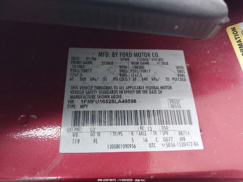 2008 Ford Expedition Xlt VIN: 1FMFU16528LA49598 Lot: 43578975