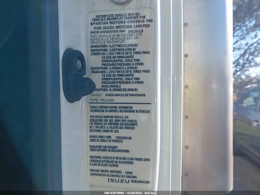 2015 Isuzu Npr Hd Reg VIN: 54DC4W1CXFS805669 Lot: 43578995