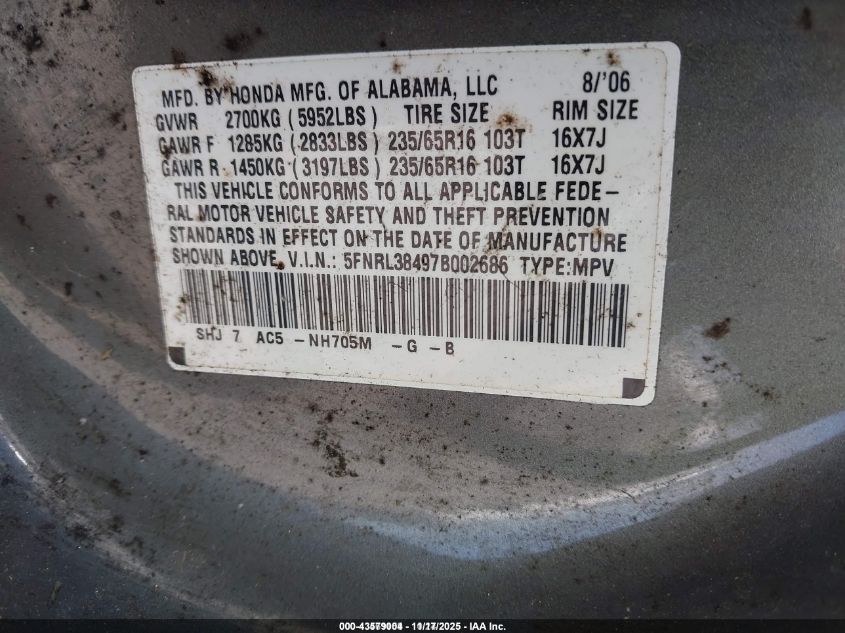 2007 Honda Odyssey Ex VIN: 5FNRL38497B002686 Lot: 43579004