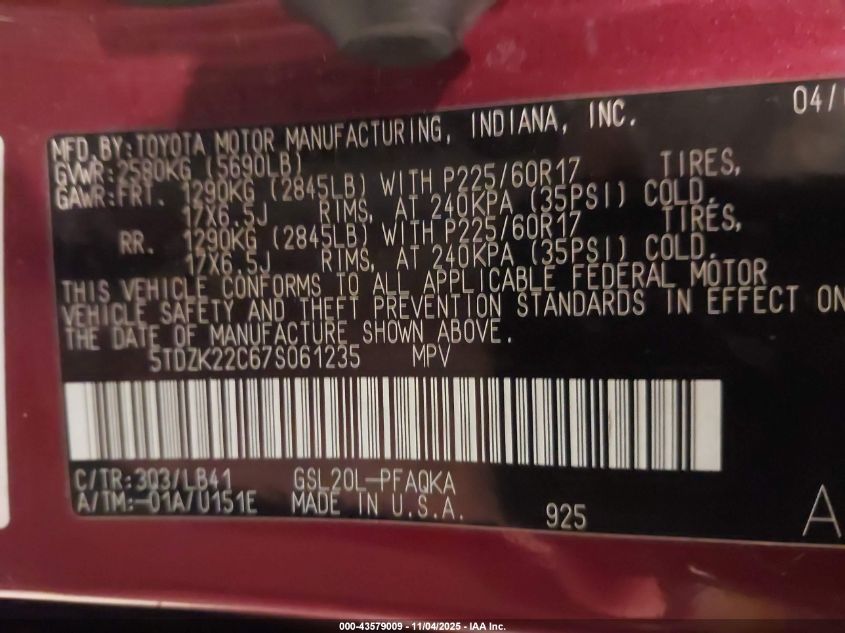 2007 Toyota Sienna Xle VIN: 5TDZK22C67S061235 Lot: 43579009