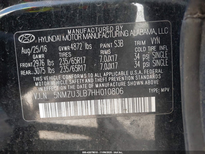 2017 HYUNDAI SANTA FE SPORT 2.4L 5NMZU3LB7HH010806